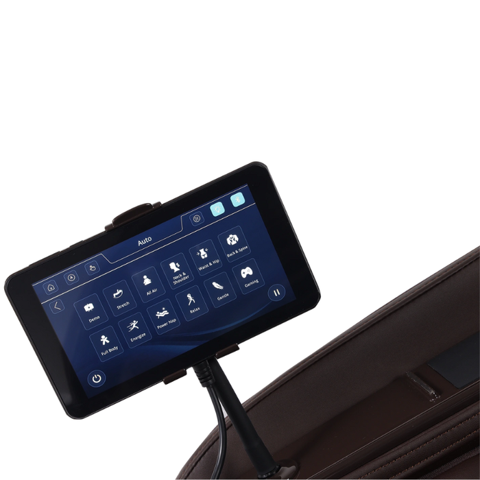Close-up of the brown Infinity Solstice Deluxe Massage Chair's 7-inch touchscreen tablet remote, displaying customizable massage settings and auto-program options.