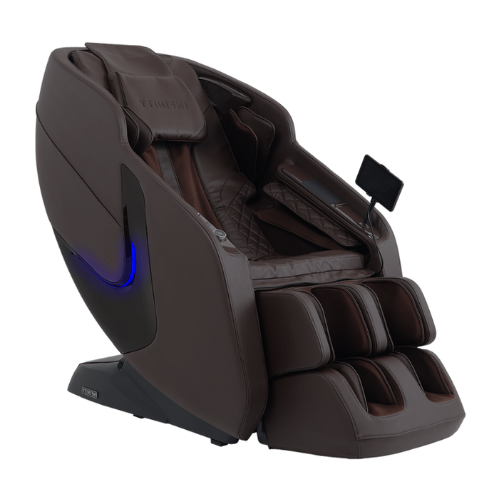 Brown Infinity Solstice Deluxe Massage Chair featuring full-body L-track massage, dual foot rollers, and touchscreen tablet control.
