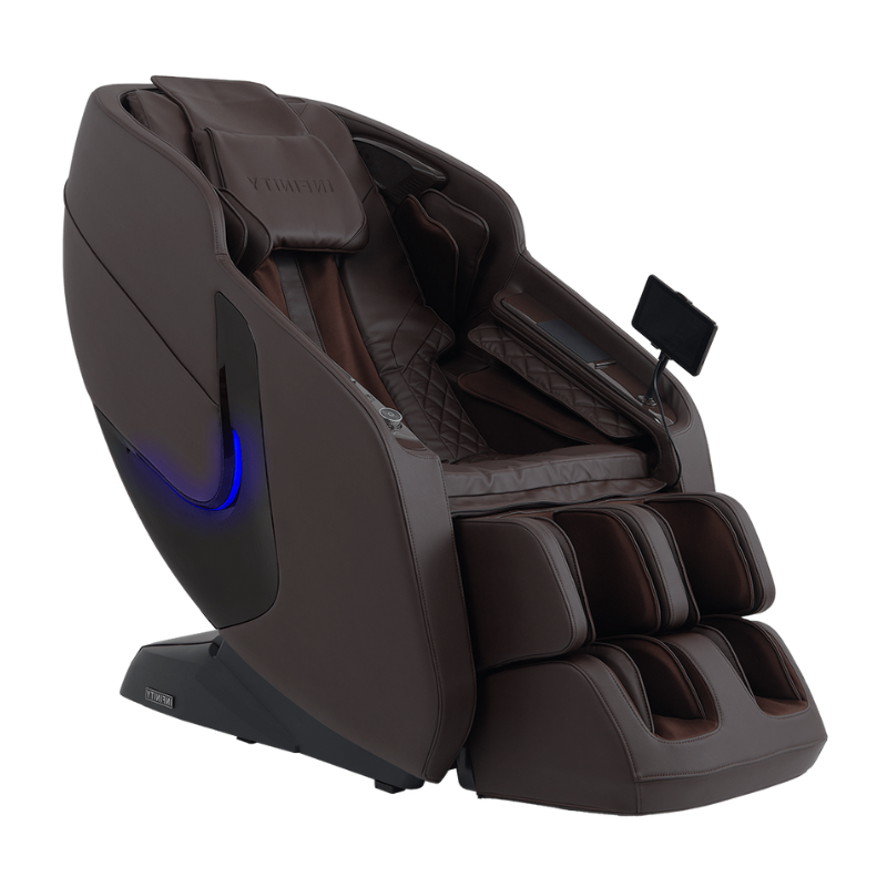 Brown Infinity Solstice Deluxe Massage Chair featuring full-body L-track massage, dual foot rollers, and touchscreen tablet control.
