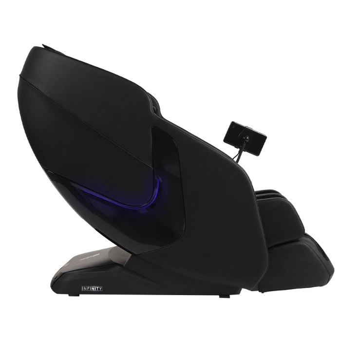 Side view of black Infinity Solstice Deluxe massage chair highlighting L-track design, extended footrest and sleek armrest controls.