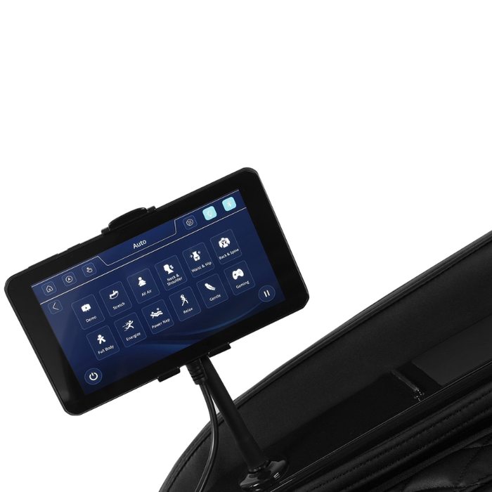 Close-up of the black Infinity Solstice Deluxe Massage Chair's 7-inch touchscreen tablet remote, displaying customizable massage settings and auto-program options.