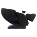 Side view of black Infinity Solstice Deluxe Massage Chair in zero-gravity recline position, showcasing extended footrest, L-track design and touchscreen tablet control.