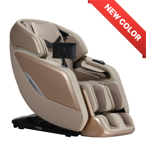 Infinity Sovana 4D DualPro massage chair in beige showing luxurious upholstery and ergonomic contours.
