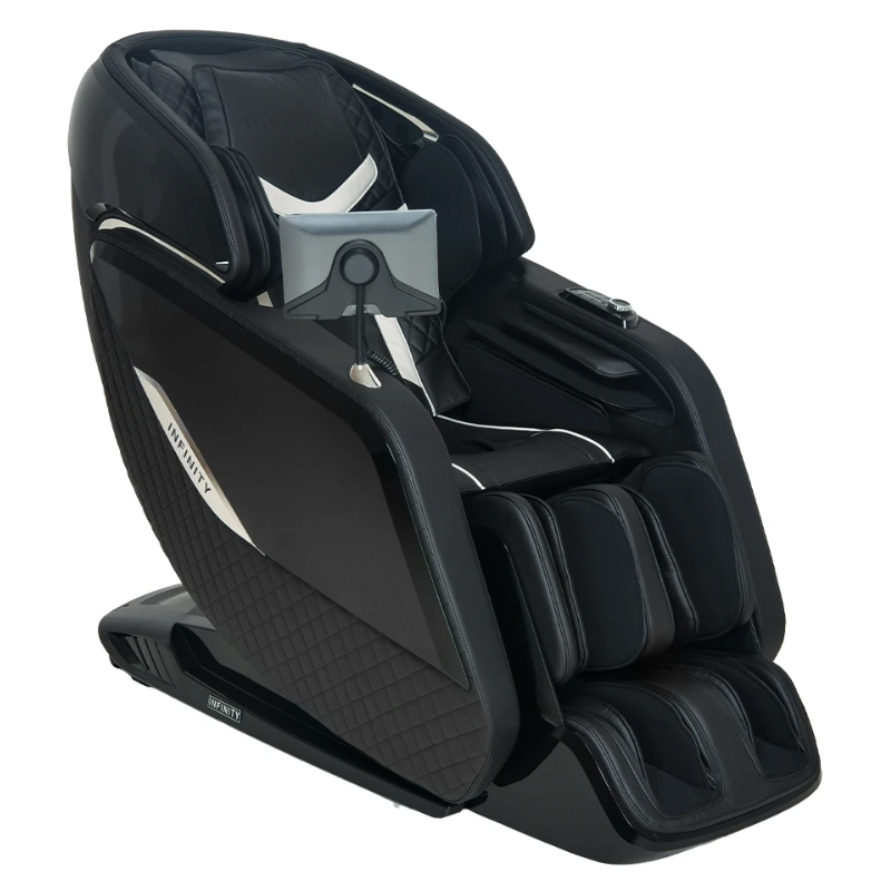 Infinity Sovana 4D DualPro massage chair in sleek black upholstery, showcasing its streamlined design and full-body recline.