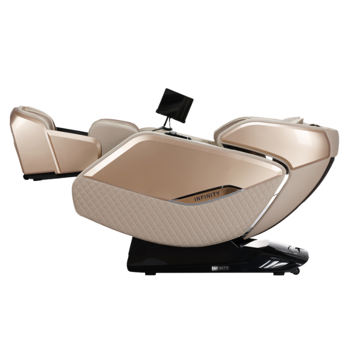 Infinity Sovana 4D DualPro massage chair in beige reclined in zero-gravity position with legs elevated.
