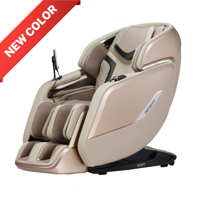 Infinity Sovana 4D DualPro beige massage chair front view with plush upholstery, ergonomic armrests, and extended footrest for full-body therapeutic coverage.