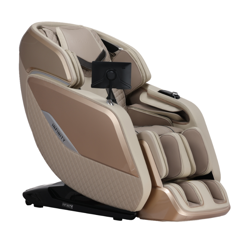 Beige massage chair Infinity Sovana 4D DualPro highlighting built-in rollers and ergonomic shape.