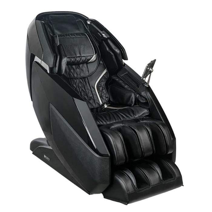 Black Infinity Ultra Imperial Syner-D massage chair shown from a slightly angled front view with modern full-body therapeutic design and touchscreen controller.
