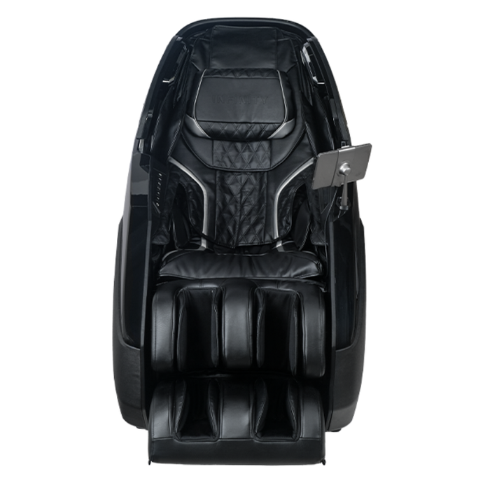 Front view of the black Infinity Ultra Imperial Syner-D massage chair featuring advanced leg massage chambers and premium full-body coverage.