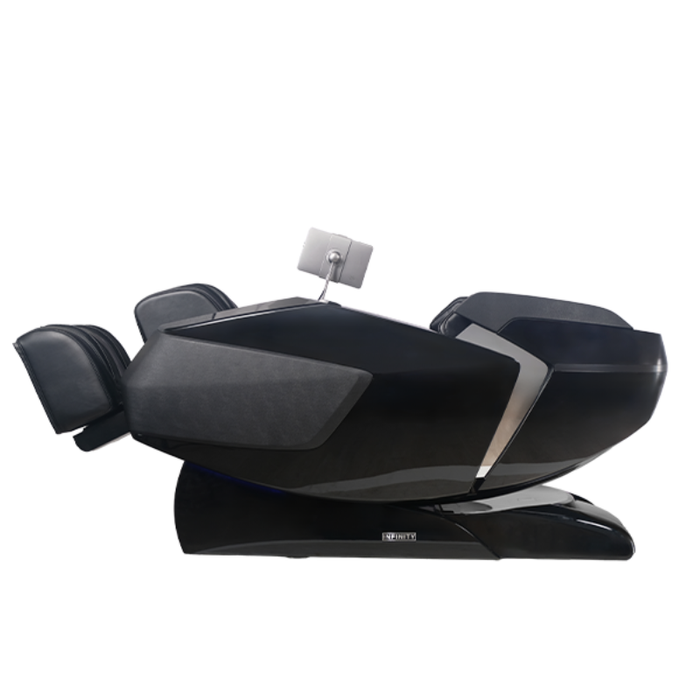 Black Infinity Ultra Imperial Syner-D massage chair reclined in zero gravity position for full-body relaxation and therapeutic comfort.