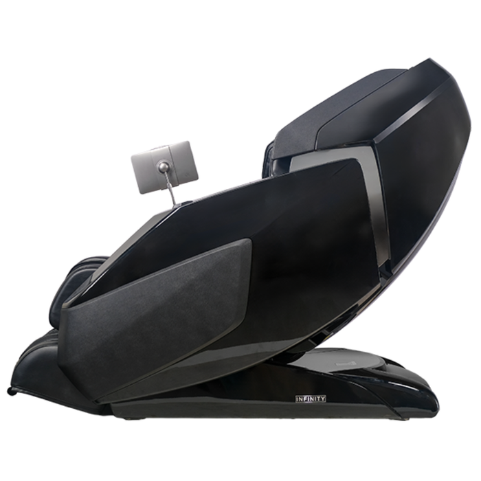Side profile view of the black Infinity Ultra Imperial Syner-D massage chair showcasing its sleek space-saving design and modern luxury styling.