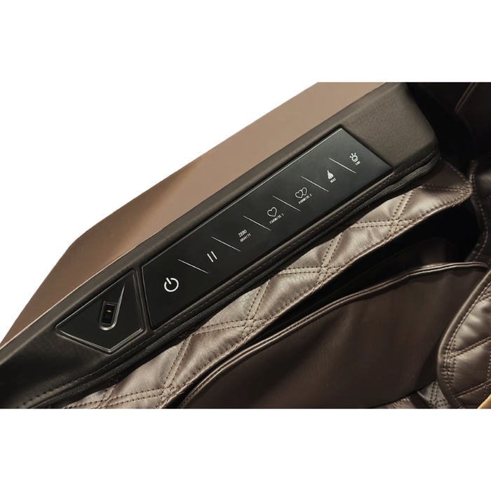 Close-up of the quick access armrest controls on the brown Infinity Ultra Imperial Syner-D massage chair featuring premium shortcut buttons and luxury design accents.