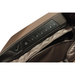 Close-up of the quick access armrest controls on the brown Infinity Ultra Imperial Syner-D massage chair featuring premium shortcut buttons and luxury design accents.