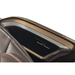 Close-up view of the Harman Kardon speaker integrated into the brown Infinity Ultra Imperial Syner-D massage chair showcasing premium audio and luxury design details.