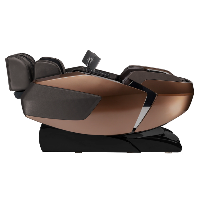 Brown Infinity Ultra Imperial Syner-D massage chair positioned in zero gravity mode for enhanced comfort, relaxation, and therapeutic support.