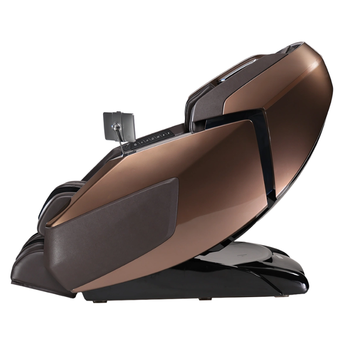 Side profile of the brown Infinity Ultra Imperial Syner-D massage chair displaying its sleek recline system and sophisticated modern design.