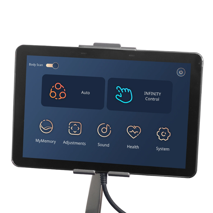 Touchscreen tablet remote for the Infinity Ultra Imperial Syner-D massage chair displaying advanced massage controls, customizable programs, and user-friendly navigation interface.