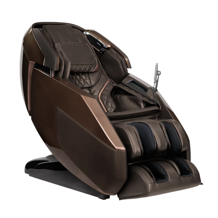 Brown Infinity Ultra Imperial Syner-D massage chair shown from a slightly angled front perspective with elegant luxury styling and advanced therapeutic features.