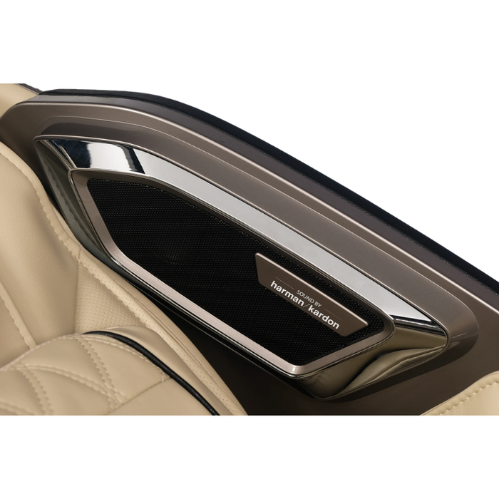Detailed close-up of the Harman Kardon speaker system on the grey and tan Infinity Ultra Imperial Syner-D massage chair highlighting high-end sound integration and modern styling.