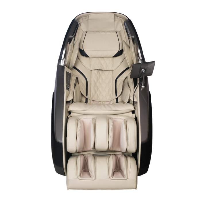 Front-facing view of the grey and tan Infinity Ultra Imperial Syner-D massage chair featuring ergonomic full-body massage coverage and luxury detailing.