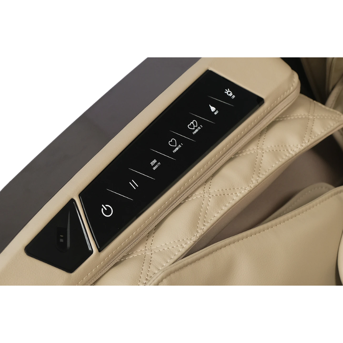 Detailed view of the quick access control panel integrated into the armrest of the grey and tan Infinity Ultra Imperial Syner-D massage chair for convenient massage customization.