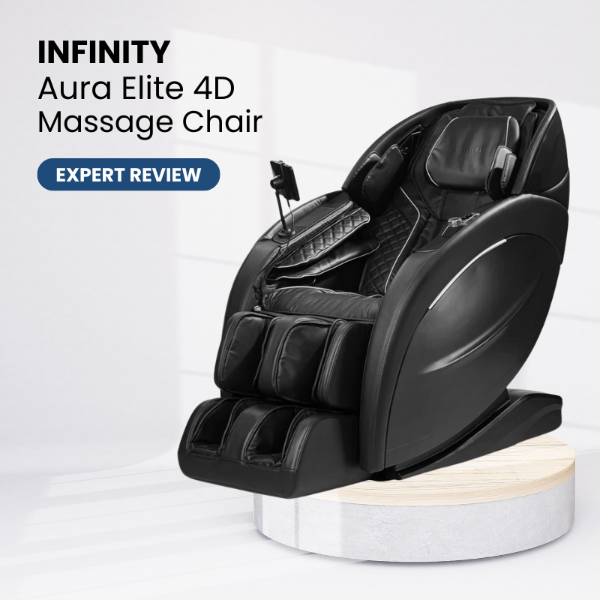 Infinity Aura Elite 4D massage chair in a modern setting representing a product review.