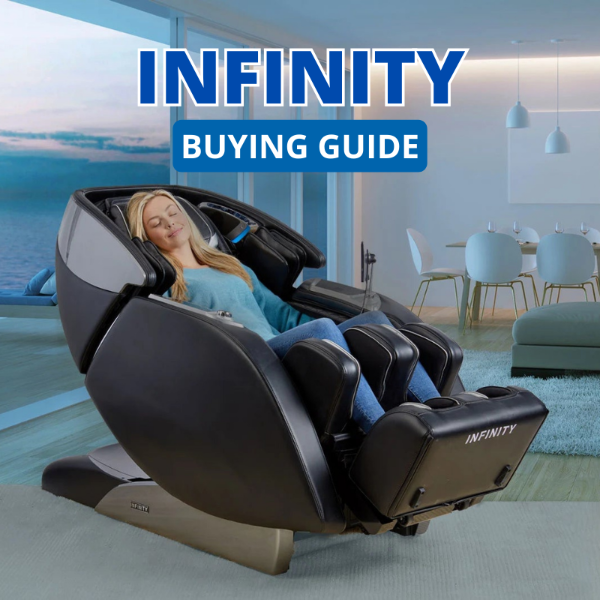 Infinity Massage Chair buying guide thumbnail featuring a woman relaxing in a luxury Infinity chair. 