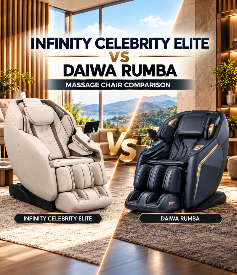 Here is our guide to the Infinity Celebrity Elite and the Daiwa Rumba massage chairs. Learn about the 4D massage features, comfort, technology, and overall value.