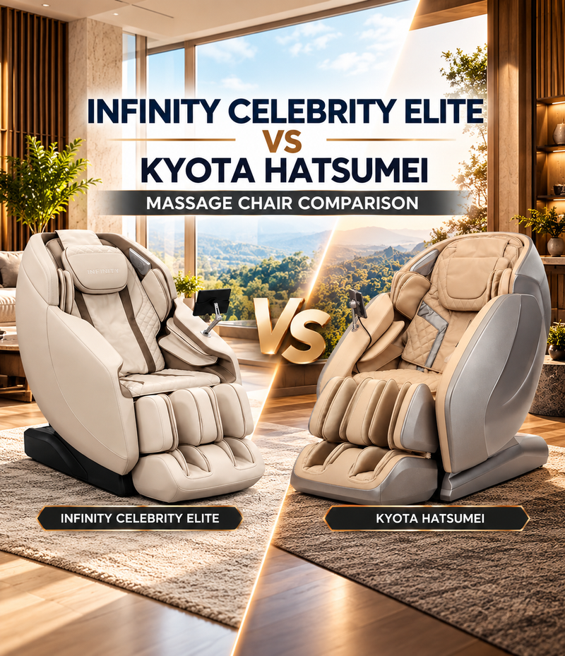 Compare Infinity Celebrity Elite vs Kyota Hatsumei to discover differences in massage technology, features, comfort, and overall value.