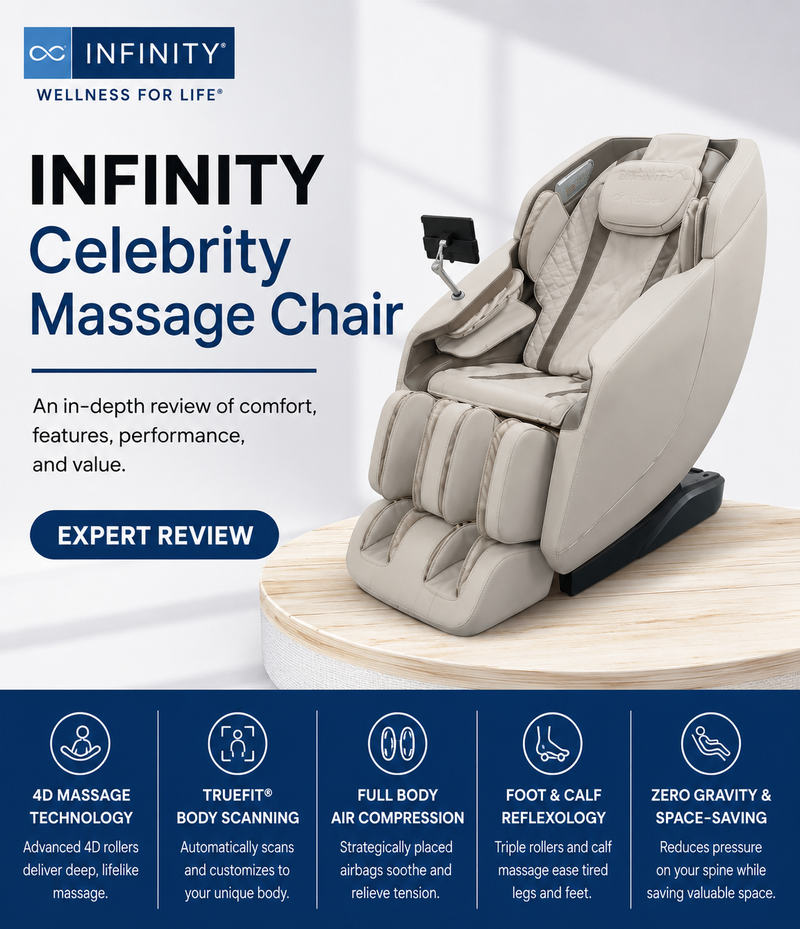 Infinity Celebrity Massage Chair in a light beige/taupe color, shown on a light wood platform with a dark blue infographic banner at the bottom detailing its massage and air compression features.