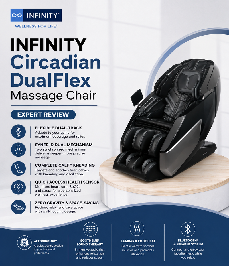 Promotional graphic for the Infinity Circadian DualFlex Massage Chair, showing the black and wood-grain chair on a light background with feature callouts and icons.