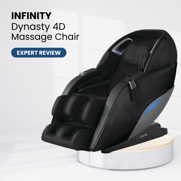 Infinity Dynasty 4D massage chair on a white background representing a product review.