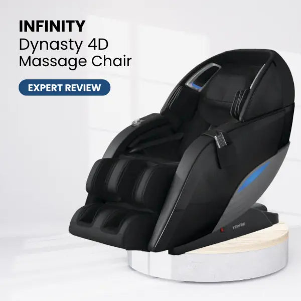 Infinity Dynasty 4D massage chair on a white background representing a product review.