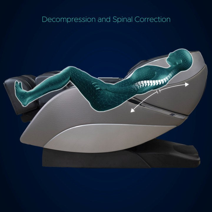 Image of the Infinity Genesis Max massage chair demonstrating decompression stretch, with the chair reclined to gently elongate the spine and relieve tension for enhanced relaxation.