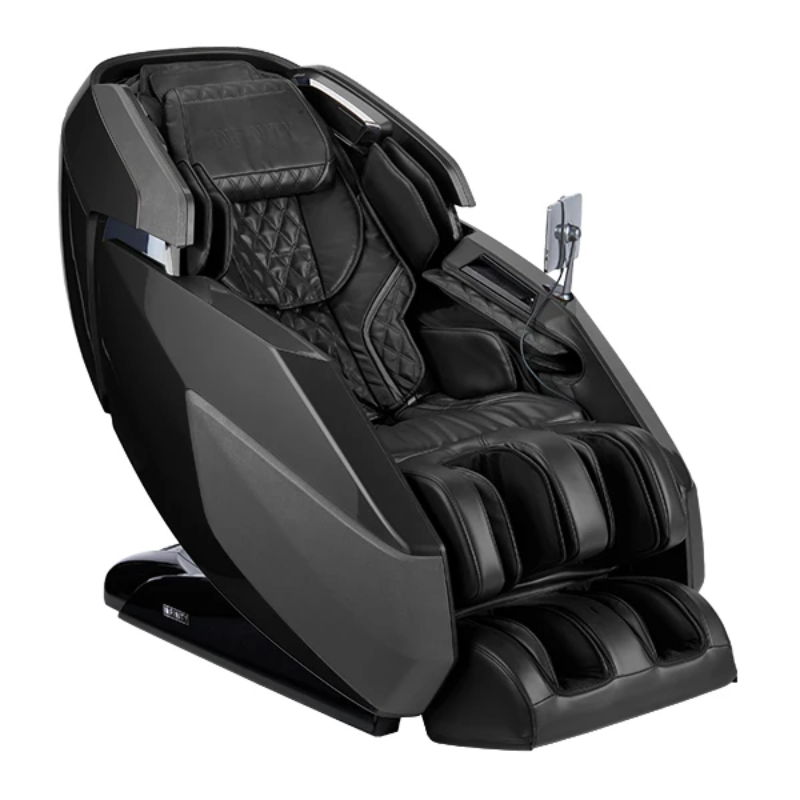 Certified Pre-Owned Open-Box Infinity Imperial Syner-D Massage Chair in black leather, shown in a sleek zero-gravity recline position highlighting its advanced full-body design.
