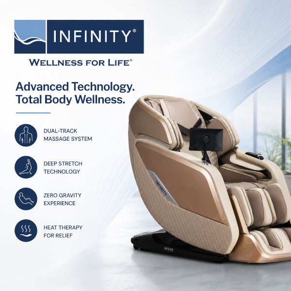 Beige massage chair with Infinity Wellness for Life branding and features listed.