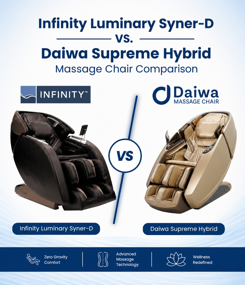 Discover the similarities and differences between these 2 luxury massage chairs in this Infinity Luminary vs. Daiwa Supreme Hybrid Massage Chair Comparison.