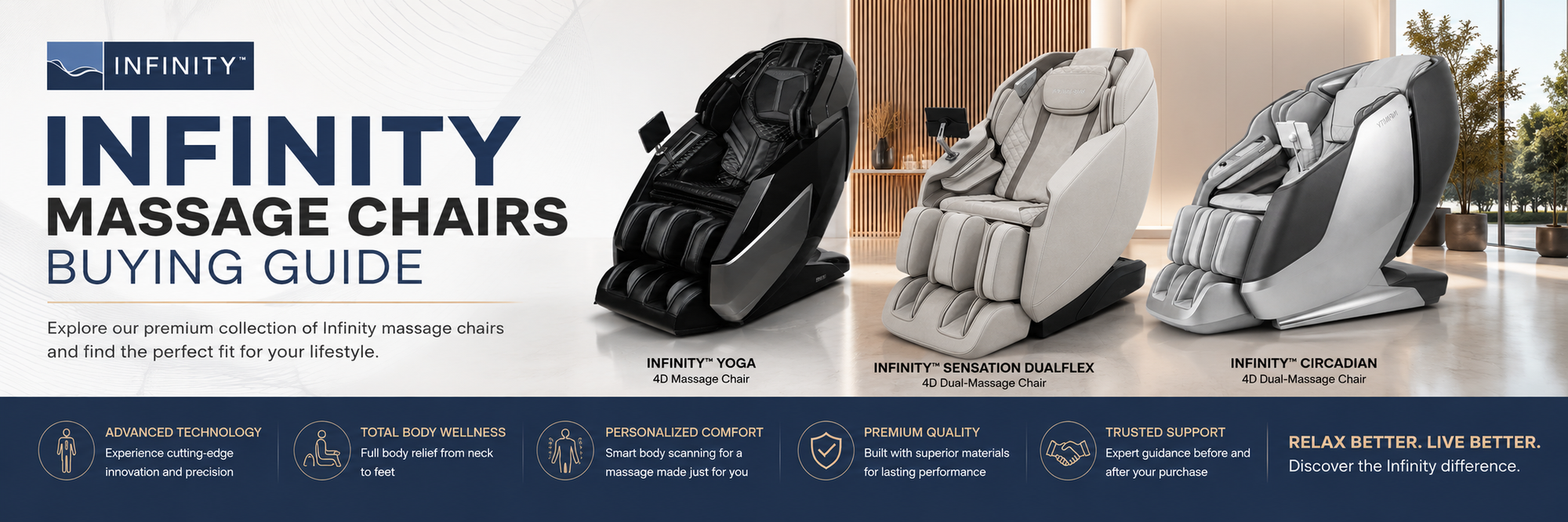 Promotional banner for the Infinity Massage Chairs Buying Guide, showing three massage chairs side by side: Infinity Tessa in black, Infinity Calliope in light gray, and Infinity Crispin in white, with feature icons along the bottom.