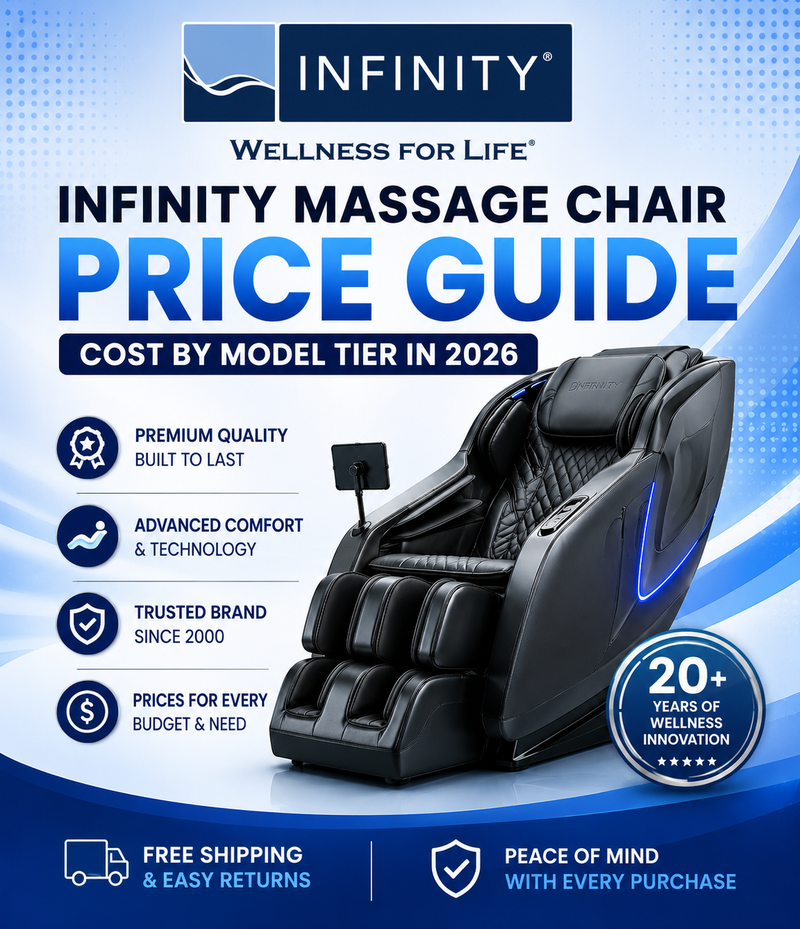 Infinity massage chair with price guide details on a blue and white background