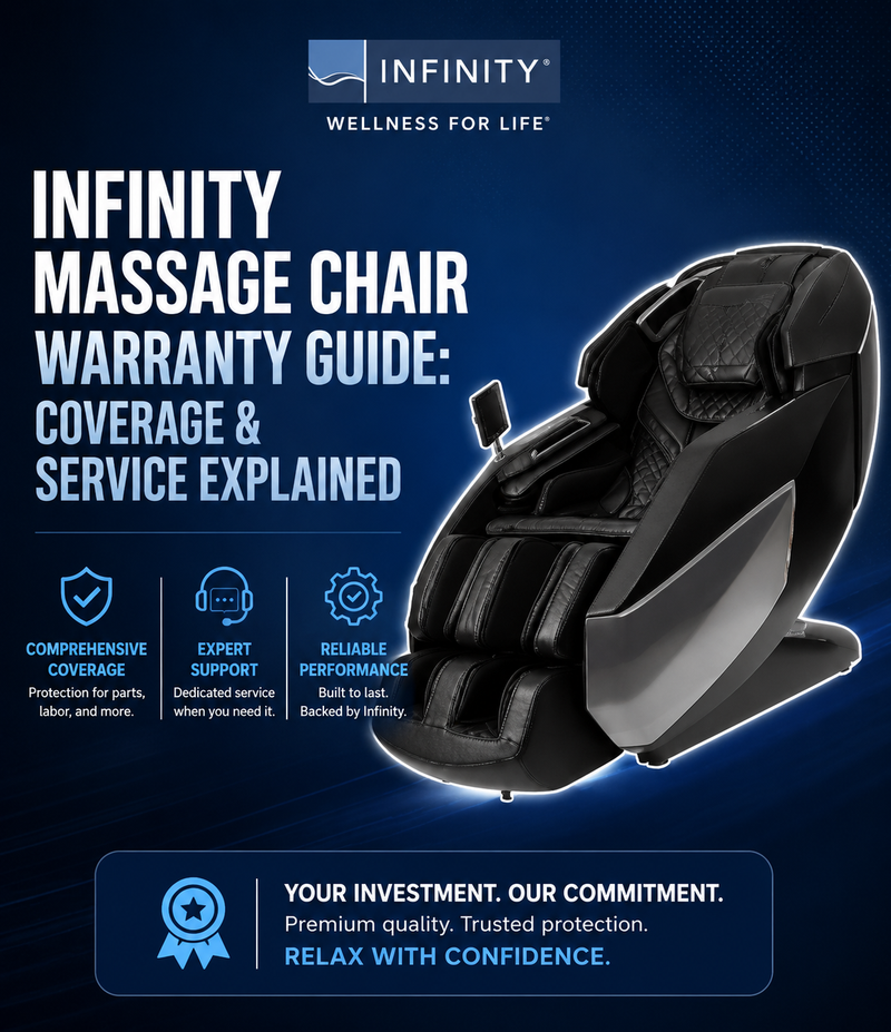 Promotional graphic for the Infinity Massage Chair Warranty Guide, featuring a black and gray infinity massage chair on a dark blue background with text explaining coverage and service.