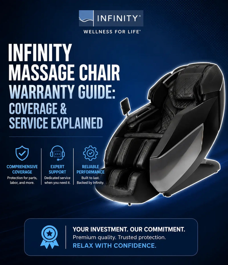 Promotional graphic for the Infinity Massage Chair Warranty Guide, featuring a black and gray infinity massage chair on a dark blue background with text explaining coverage and service.