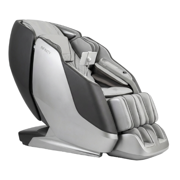 Infinity Sensation DualFlex massage chair in a near-flat reclined position showcasing its Flex Track stretching system for a deep full-body decompression stretch.