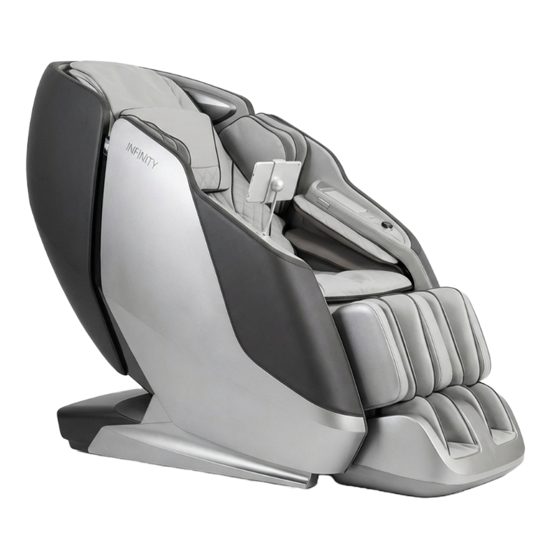 The Infinity Sensation 4D DualFlex massage chair featuring a spacious 21-inch seat width, side LED chromotherapy lighting, and a dual-mechanism roller system for deep tissue relief.