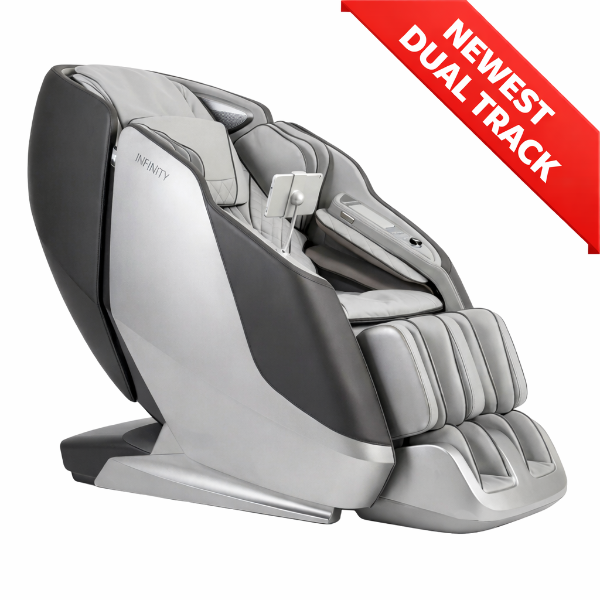 Infinity Sensation 4D DualFlex massage chair in grey and silver with dual 4D massage technology.