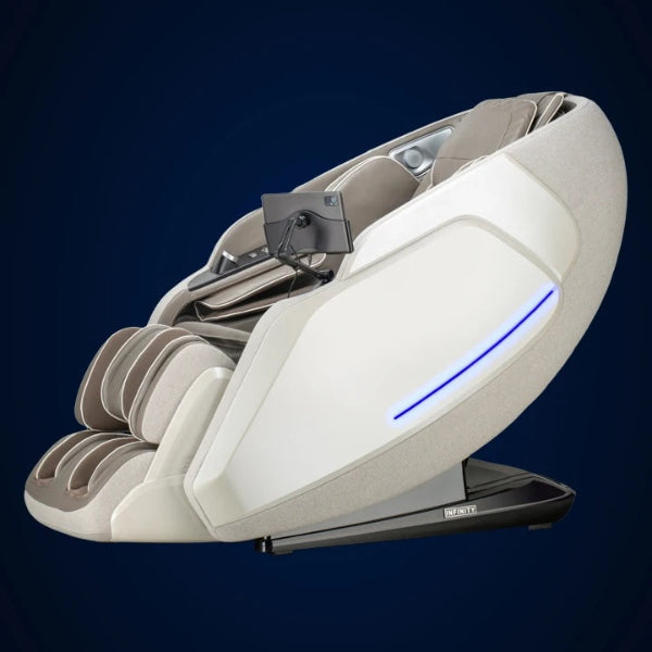 Ambient LED chromotherapy lighting glowing along the side panel of the Infinity Serenza Flex massage chair.