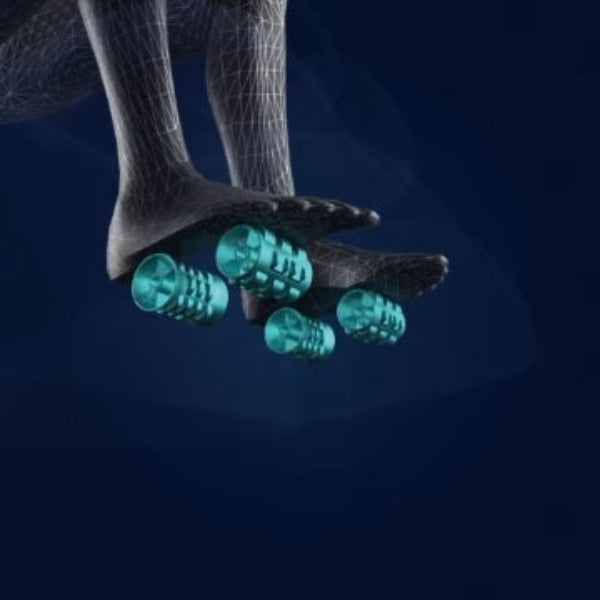 Under-foot view of dual reflexology rollers inside the enclosed legrest unit of the Infinity Serenza Flex massage chair