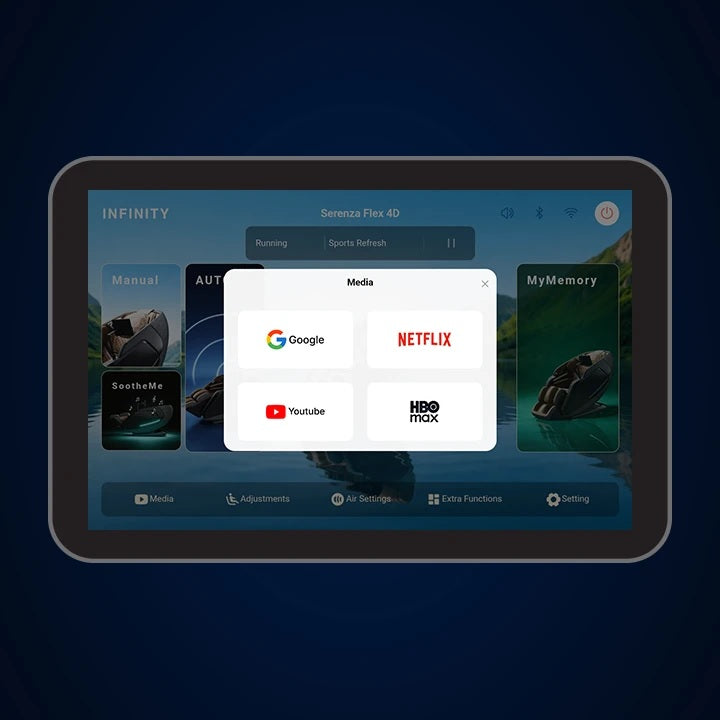 Media Hub menu on the 10-inch Android touchscreen showing Google, YouTube, Netflix, and HBO Max streaming apps.