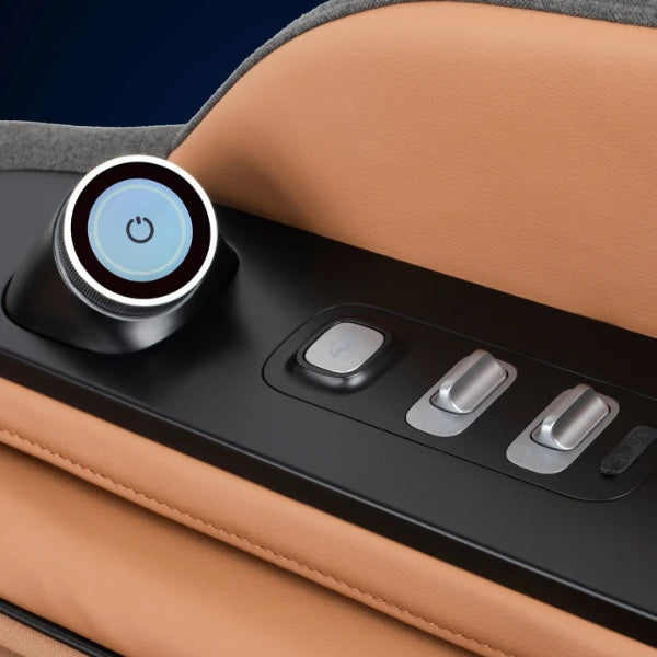 Armrest smart dial controller and quick access buttons on the side panel of the Infinity Serenza Flex massage chair.