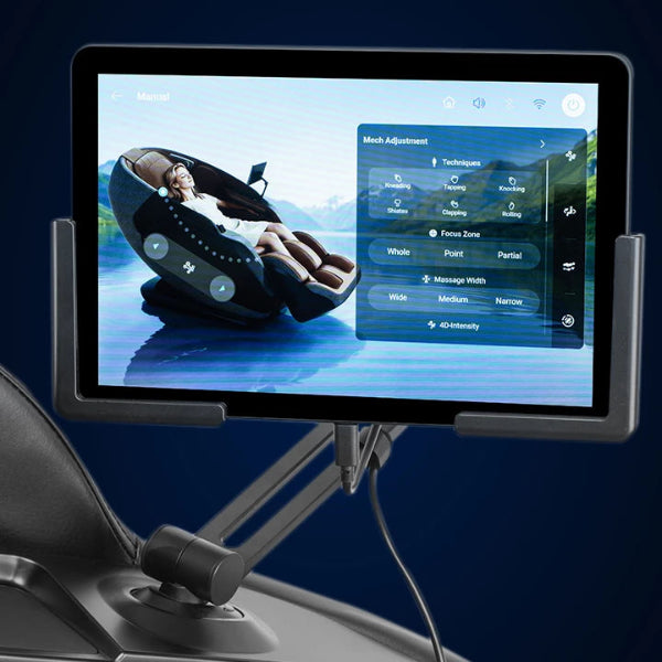 Wireless 10-inch Android touchscreen tablet remote mounted on the Infinity Serenza Flex massage chair for easy control.