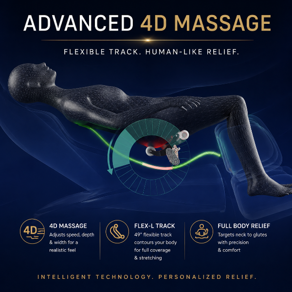 Infinity Serenza Flex 4D advanced massage mechanism and flexible track providing neck-to-glutes massage coverage.
